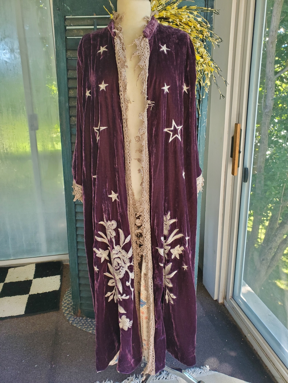 Embroidered Velvet Long Robe in Plum
